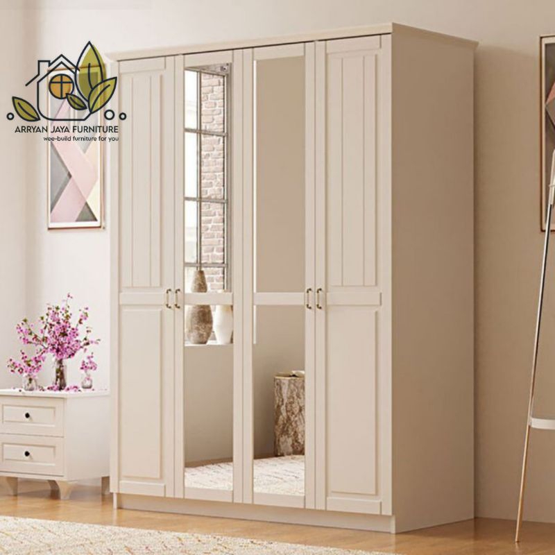 lemari pakaian 4 pintu kaca minimalis