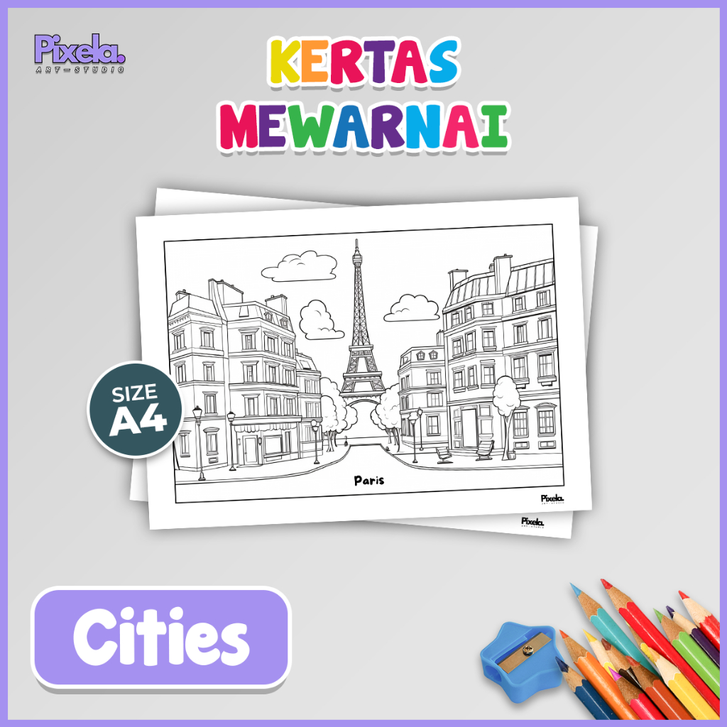 

Kertas Gambar Mewarnai Anak Seri Cities / Kota Paketan isi 5 Lembar ukuran A4 Murah Lucu Lengkap