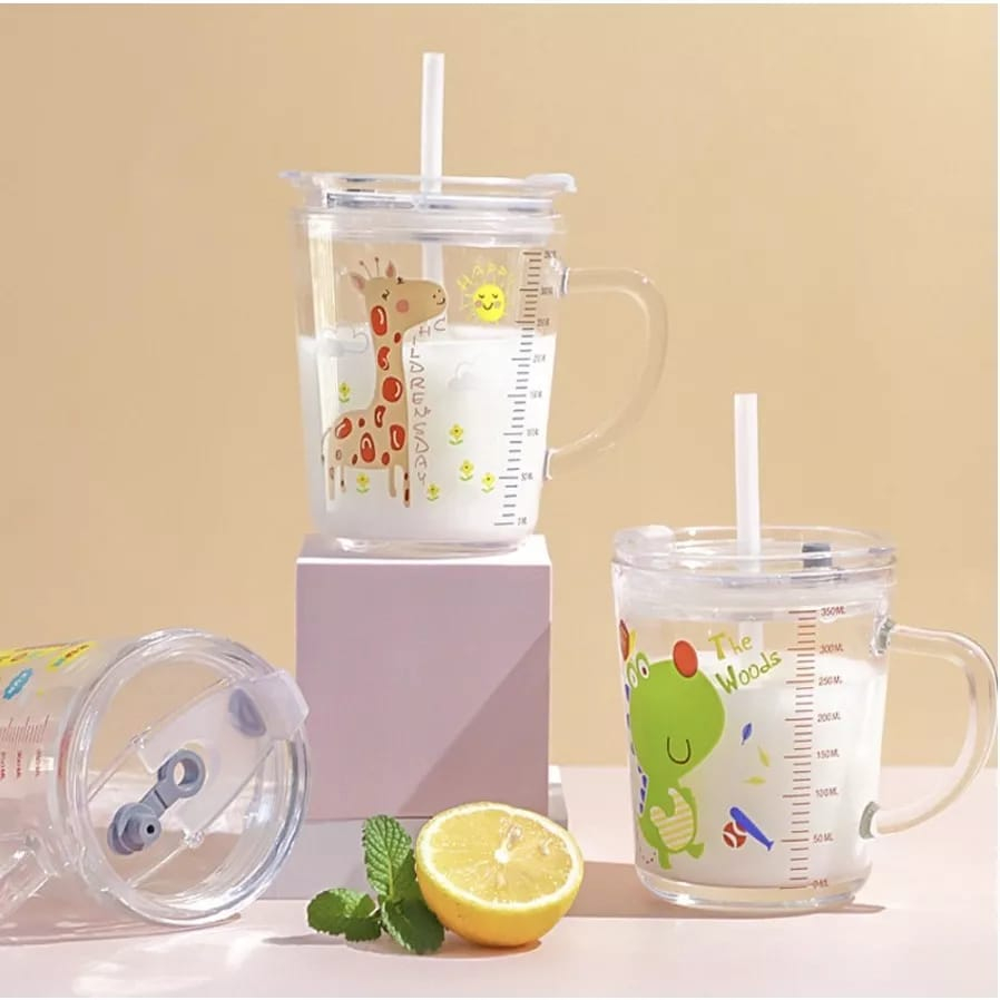 Gelas kaca anak 400ml bening dengan gagang dan tutup anti bocor/gelas mug/gelas tumbler