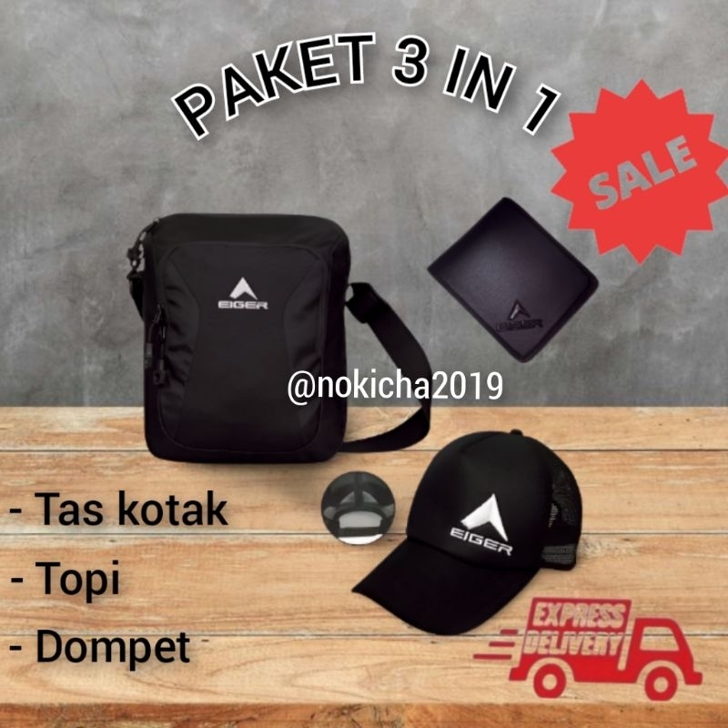 Tas slempang bahu pria//tas kotak pria bonus topi dompet