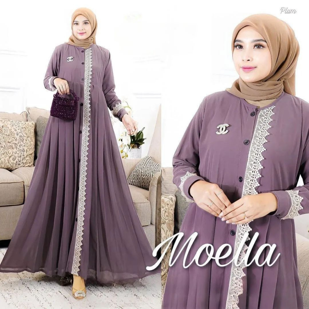 Moela Dress Baju Gamis Polos Wanita Dewasa Ceruty Babydoll Full Puring Dress Kondangan Renda Busui F