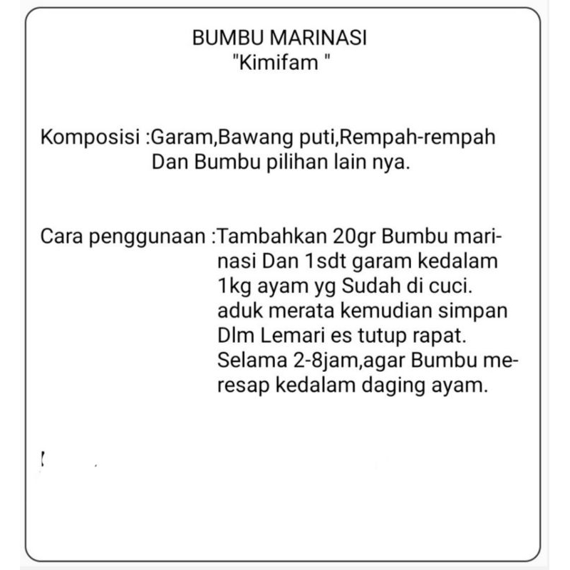 

Bumbu Marinasi Hot /Spicy 1kg. (Untuk 50kg/Ekor Ayam)