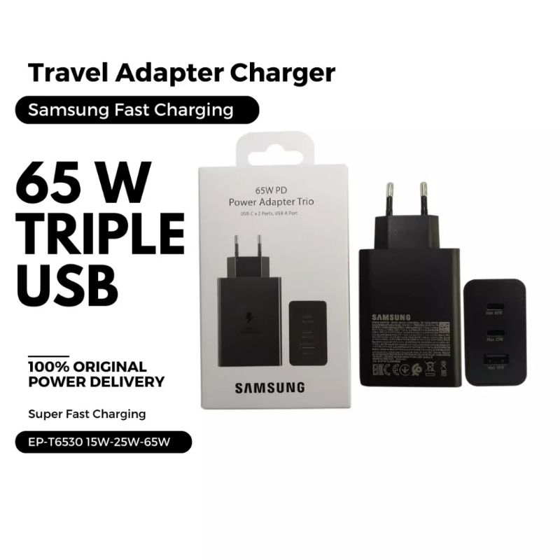 Adaptor Kepala Charger SAMSUNG 65W PD Power Adapter Trio 3 USB ORIGINAL 100% 65Watt
