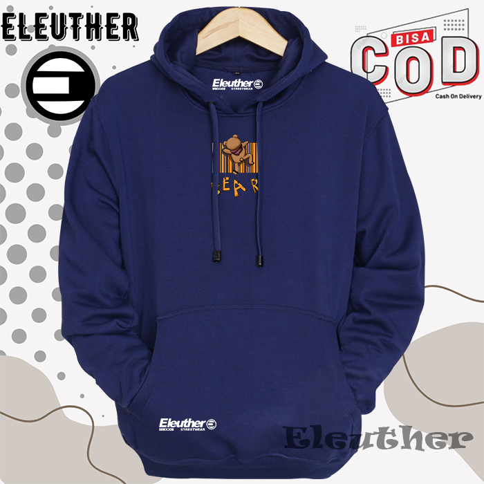 Hoodie Eleuther Warna Navy Blue Sablon Funny Bear Gold Sweater Oversize Wanita Korean Style Bahan Te