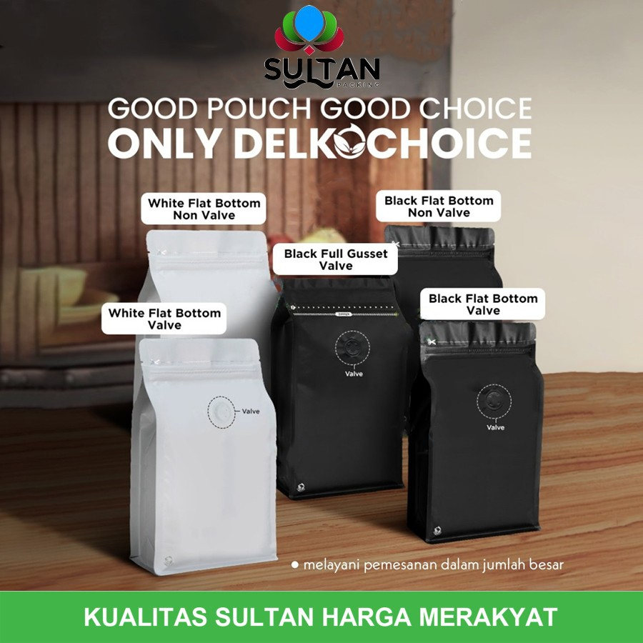KEMASAN KOPI STANDING POUCH FLAT BOTTOM VALVE NON VALVE