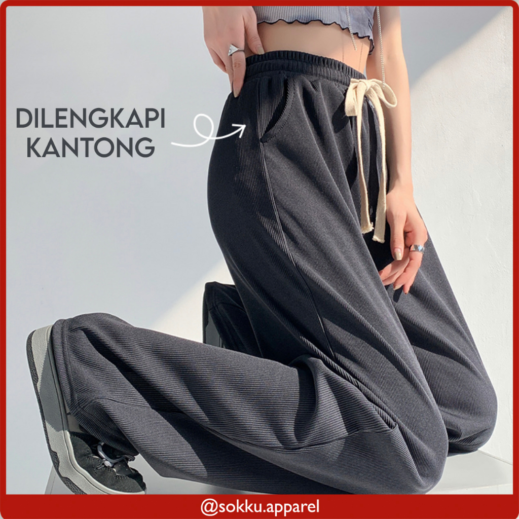 Celana Panjang Santai Wanita Long Pants Polos Pinggang Karet All Size