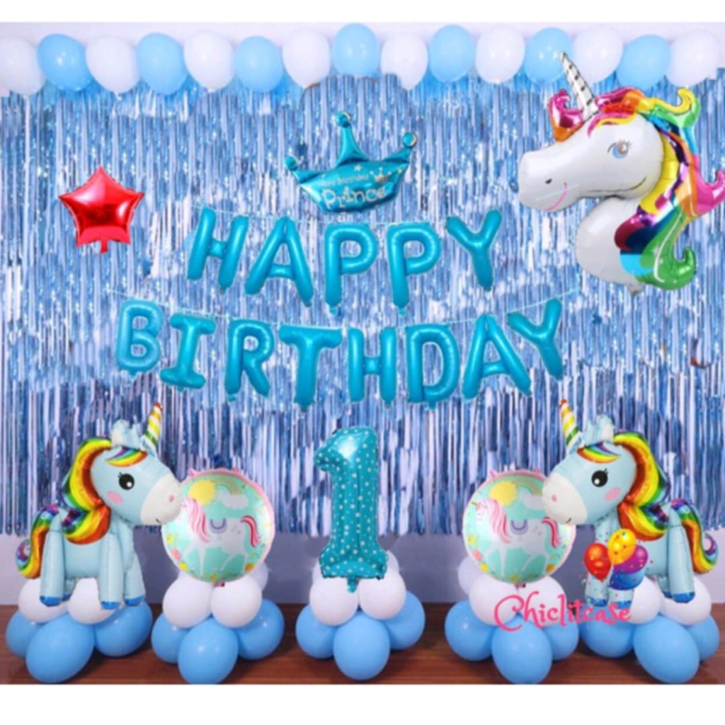 PAKET DEKORASI ULANG TAHUN ANAK TIRAI BIRU & BALON HAPPY BIRTHDAY WARNA BIRU DAN ANGKA GOLD