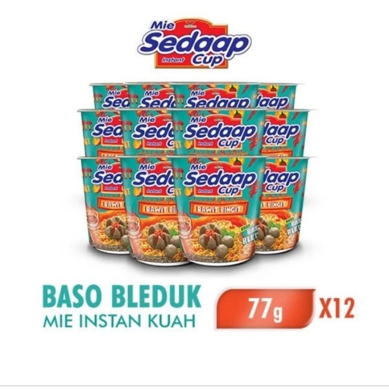 

Mie Sedaap Cup Rawit Bingit rasa Baso Bleduk 77g 1 Dus 12 Pc