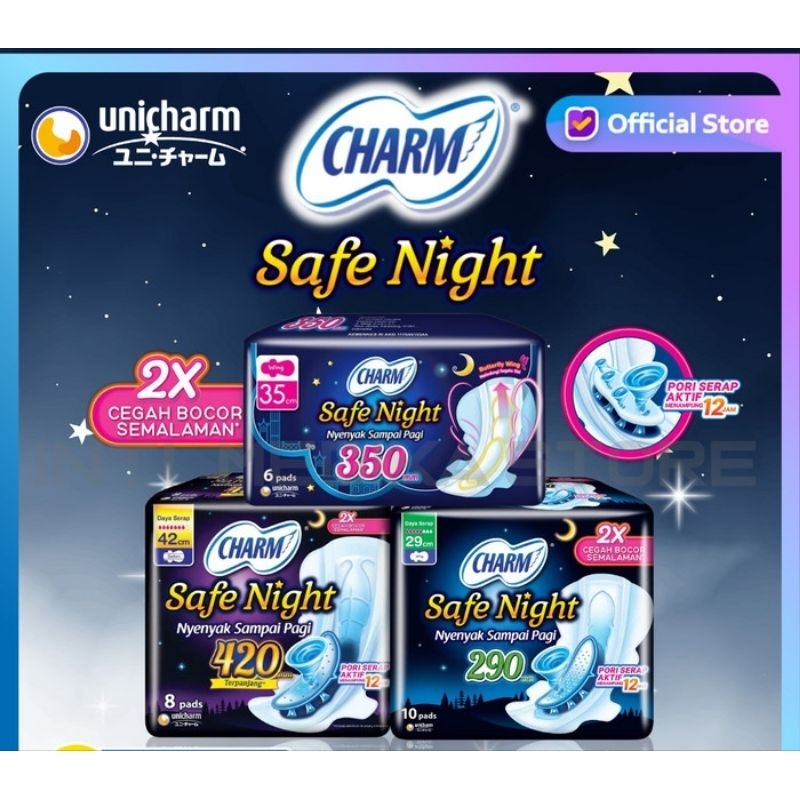Pembalut Charm Safe Night 29cm/35cm/42cm wing dan non wing