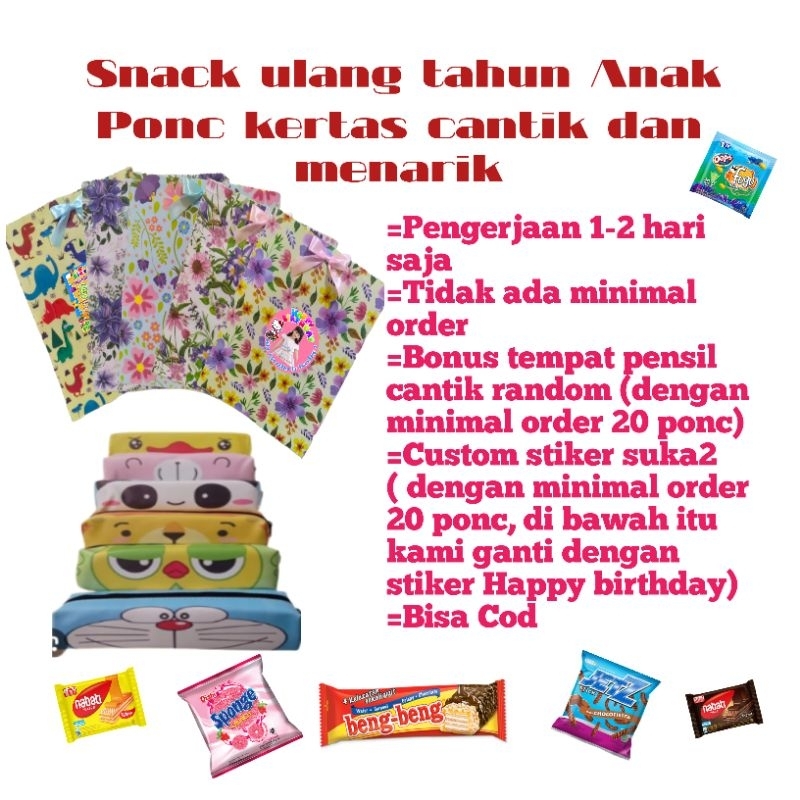 

Snack ulang tahun ponc cantik praktis / Snack ulang tahun ponc tas serut / Snack ultah anak / paket bingkisan ulang tahun anak / oleh oleh ulang tahun anak / Snack ponc anak / bingkisan reoni anak / Hampers ulang tahun anak / sovenir ulang tahun anak