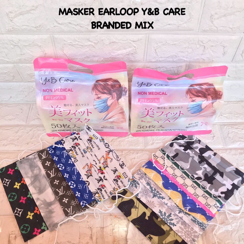 MASKER EARLOOP MOTIF BRANDED 3PLY - BOX ISI 50 PCS - MASKER BRANDED