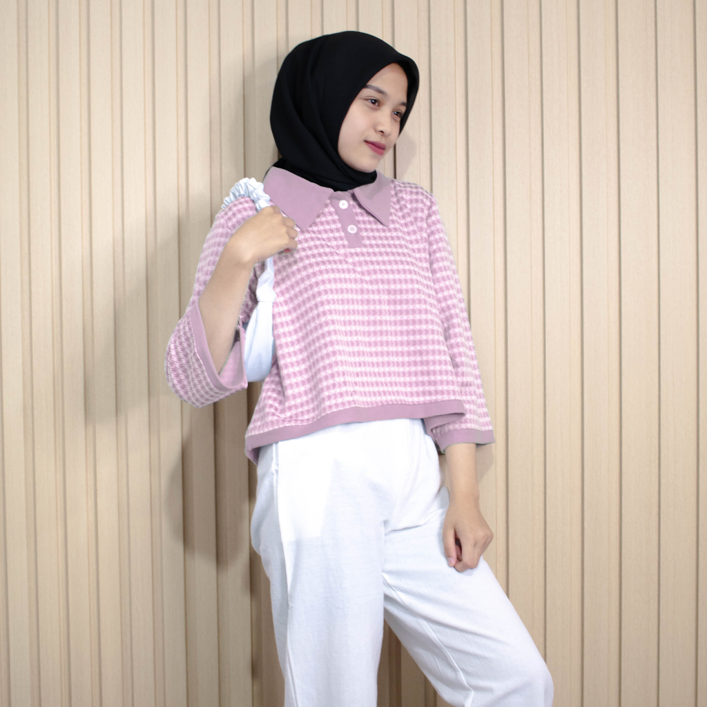 Rachel Crop Sweater Houndstooth / Rajut Outer Wanita / Sweater Rajut Crop Top