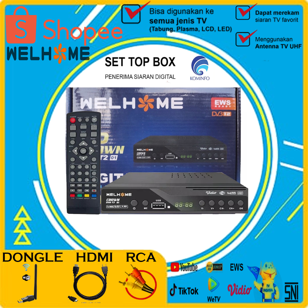 Set Topbox Tv Digital Welhome DVB T2 EWS UHF HD set topbox tv analog ke digital / set topbox tv digi