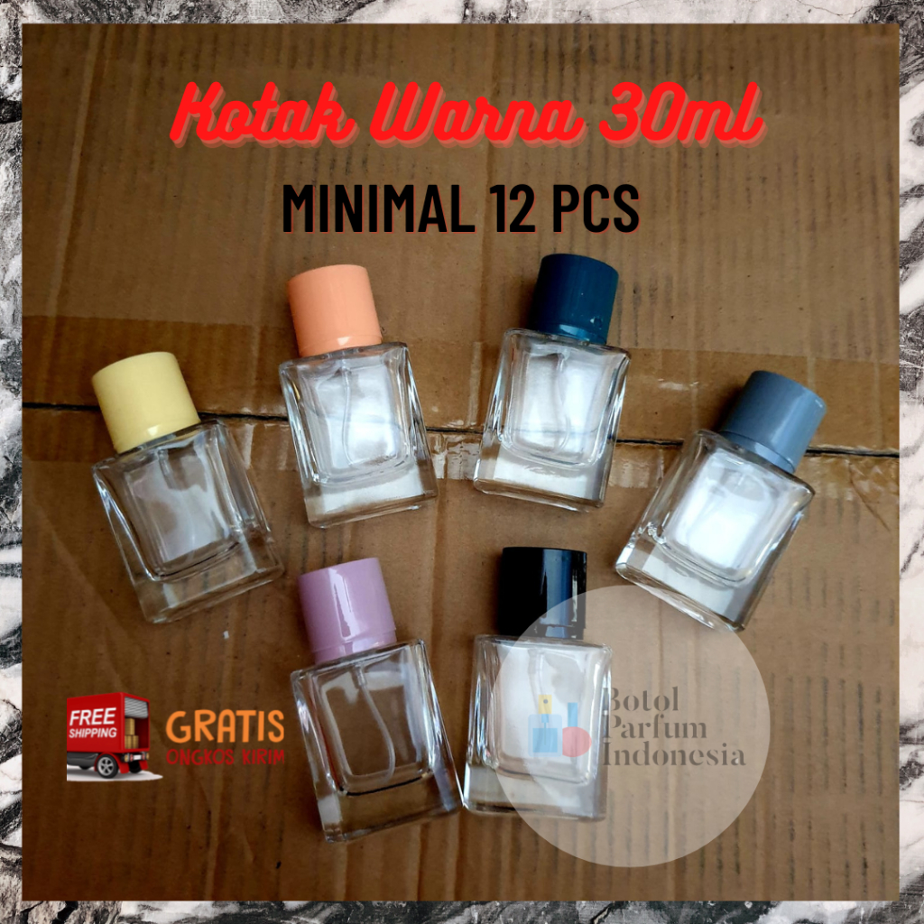 BOTOL PARFUM KOSONG SPRAY KACA DRAT PUTAR KOTAK WARNA 30 ML (BOTOL KOTAK WARNA 30 ML)