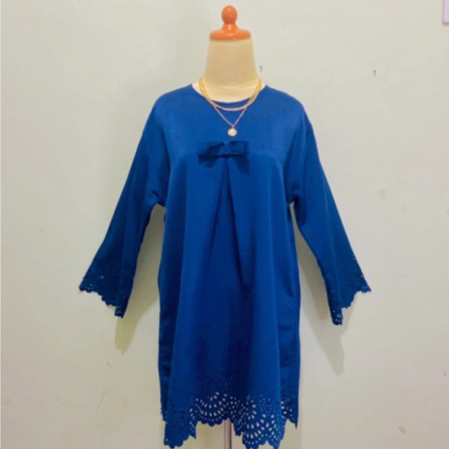 Dress Tunik wanita Atasan bahan scuba model pita katbol Motif polos lengan panjang warna biru dongke