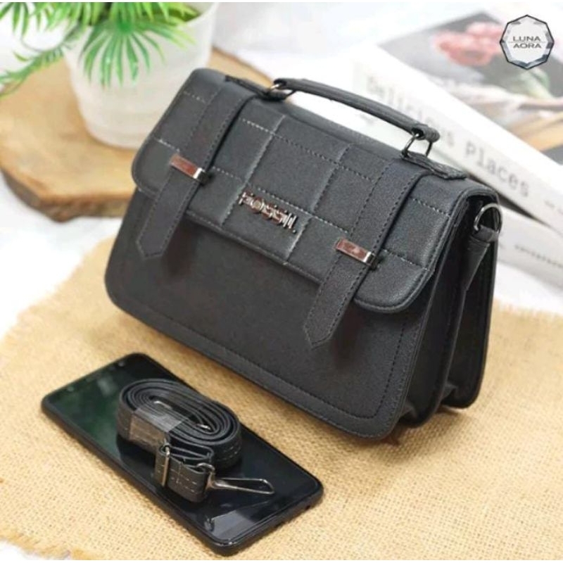 Luna Aura Tas Selempang Bahu Wanita Bordir Kotak Slot 2in 1 Tas Selempang Cewek