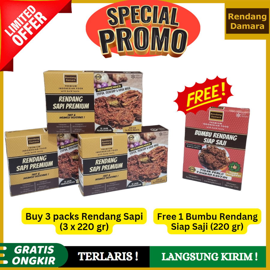 

RENDANG DAMARA BUNDLING GRATIS BUMBU RENDANG SIAP SAJI HOT PROMO BESTSELLER RENDANG SAPI BASAH KEMASAN VACUUM HIGIENIS