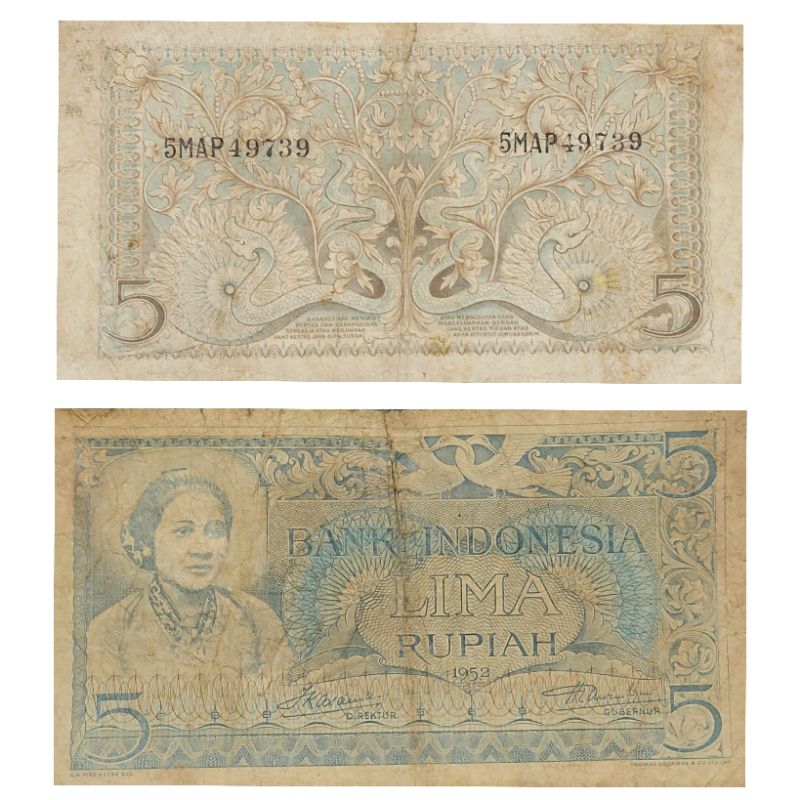 Uang Kuno Indonesia 5 rupiah Budaya 1952 R.A Kartini Kondisi  VF Utuh Kertas Renyah Layak Original 1