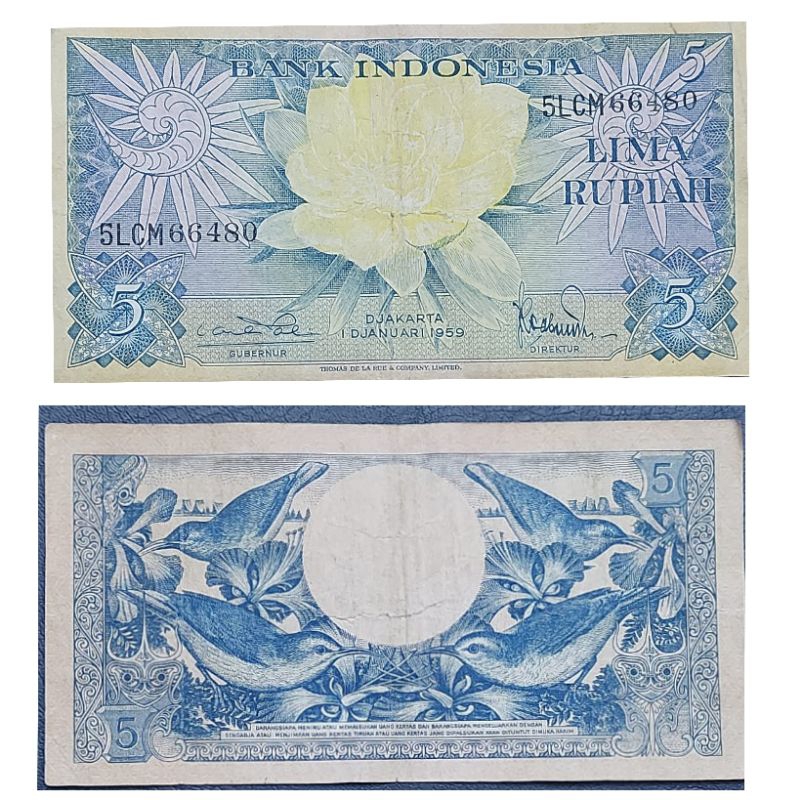 Uang Kuno Indonesia Seri Bunga 5 Rupiah tahun 1959 AXF Original 100% Utuh