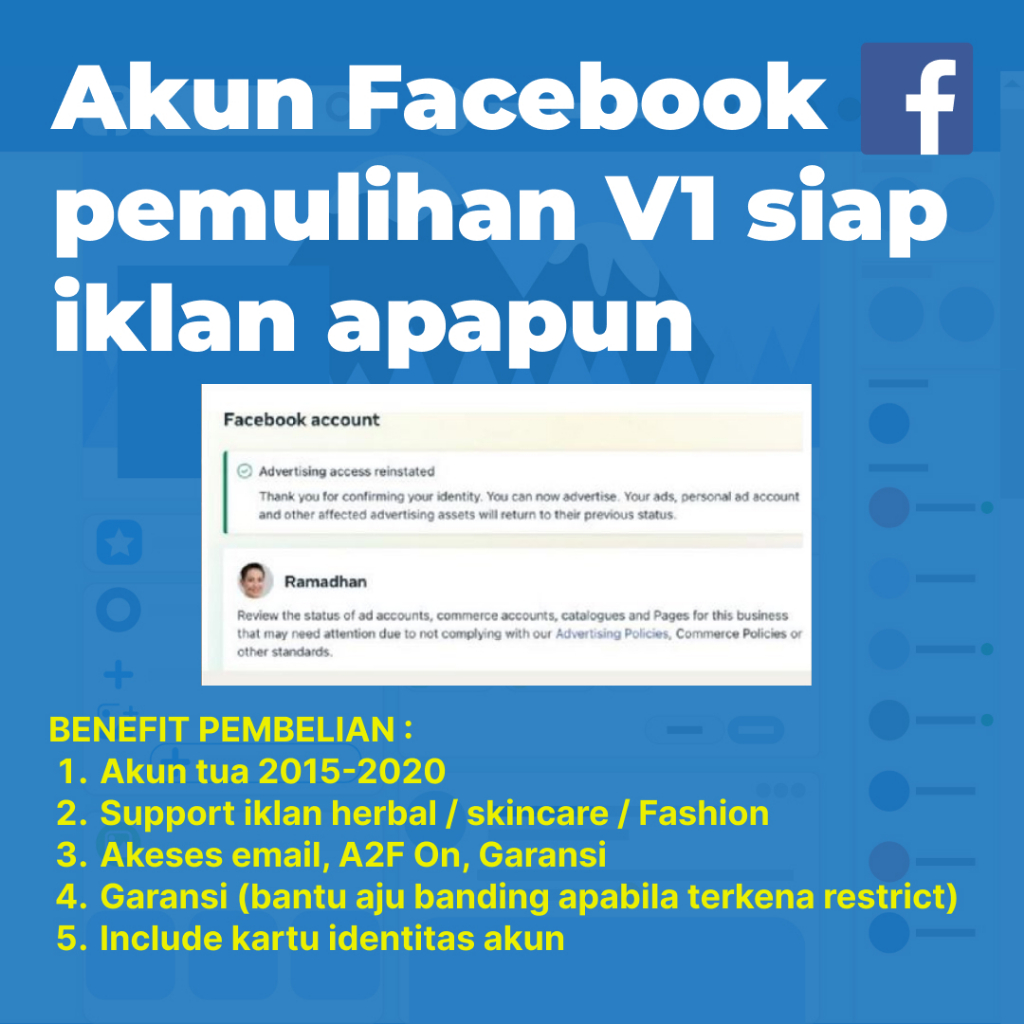 Akun Facebook ads Personal  Fanpage halaman V1 siap iklan// Reinstated akun sudah verikasi indetitas