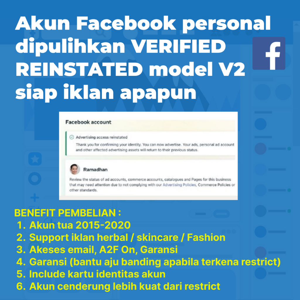 Akun facebook ADS halaman fanpage FB ADS Di pulihkan 2X Reinstated Mode 2 Model V2