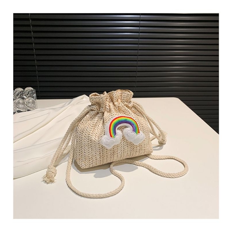 Tas Selempang Serut Motif Rainbow Bucket Bag Slingbag Anyaman Import