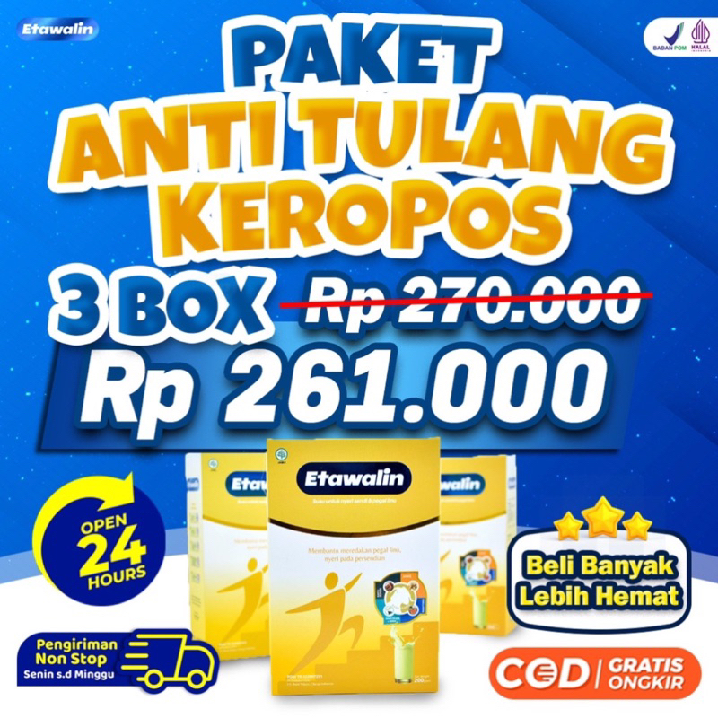

PAKET 3 BOX SUSU ETAWALIN - Paket Sembuh Susu Sendi Atasi Radang Sendi Nyeri Tulang Cegah Pengeroposan Tulang Susu Etawa Platinum Kesehatan Susu Bubuk Murni Ettawa