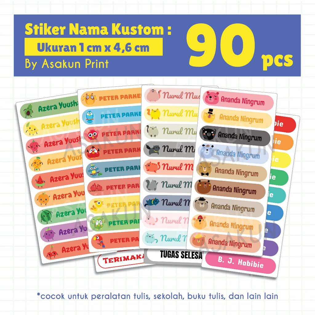 

Stiker nama kustom isi 90pcs, label nama kustome, Waterproof Tahan Air, label untuk pensil,label botol,tempat pensil, toples pelastik,peralatan sekolah,imut,murah,trendy,anak