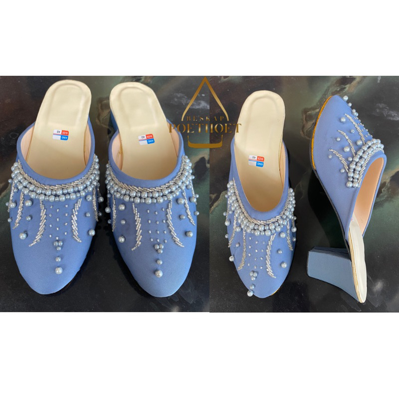 selop pengantin pria dan wanita biru denim payet hak tahu 5cm