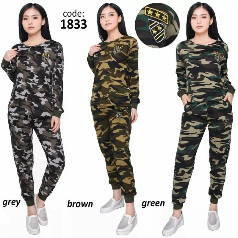 Setelan Baju Lengan Panjang Olahraga senam Loreng Army Wanita