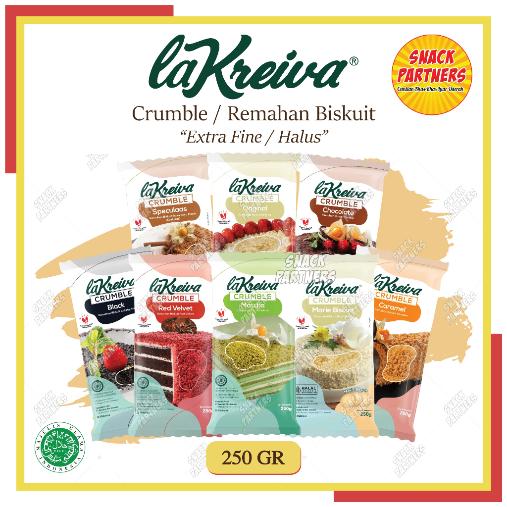 

LA KREIVA Crumble 250 GR / Sachet - Topping Taburan Donat Kue Cake Cookie Crumb Extra Fine Halus - Original Chocolate Choco Black Red Velvet Matcha Green Tea Caramel Karamel Marie Regal Speculaas Spekulas Biscoff Lotus