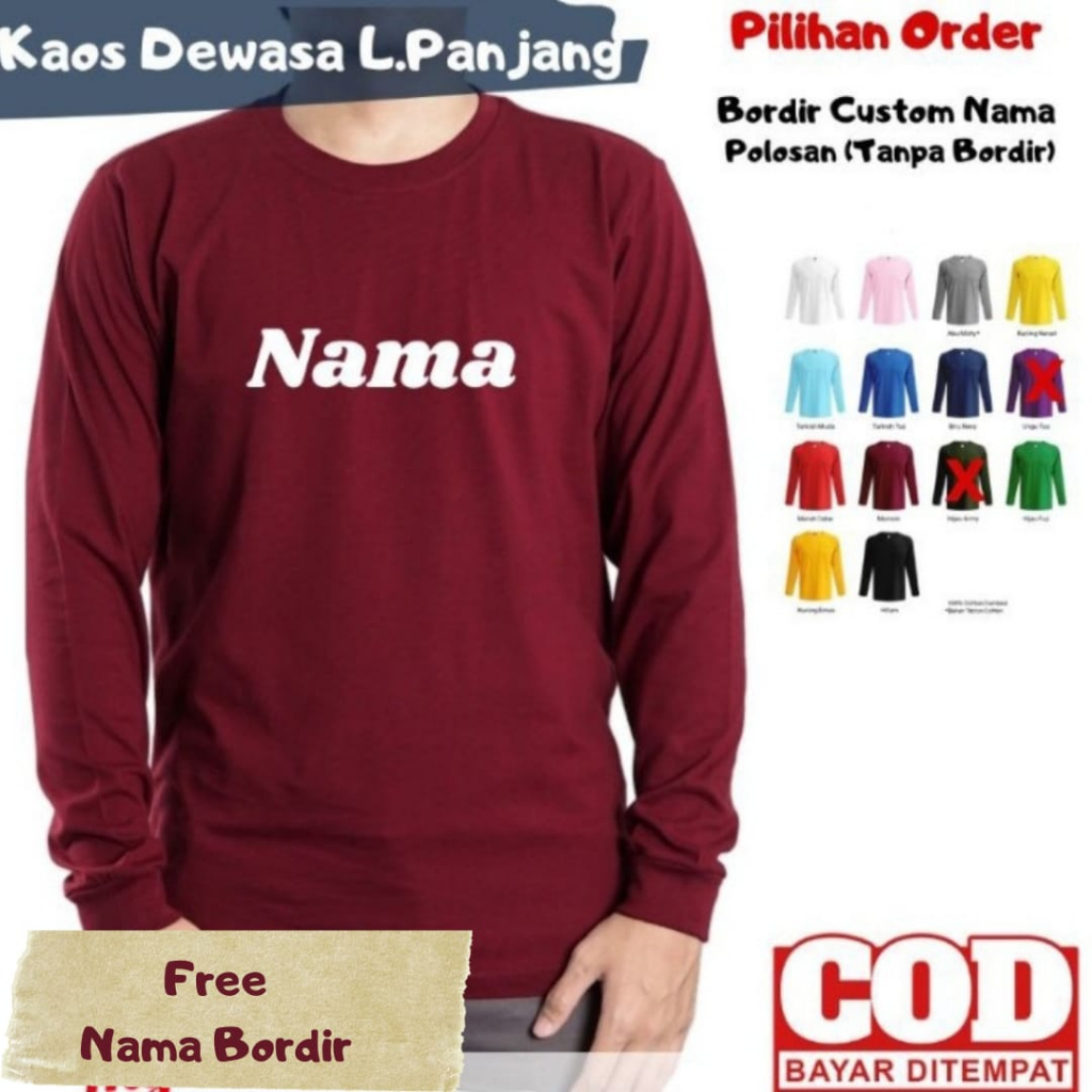 Kaos Dewasa lengan Panjang Custom Bordir Nama