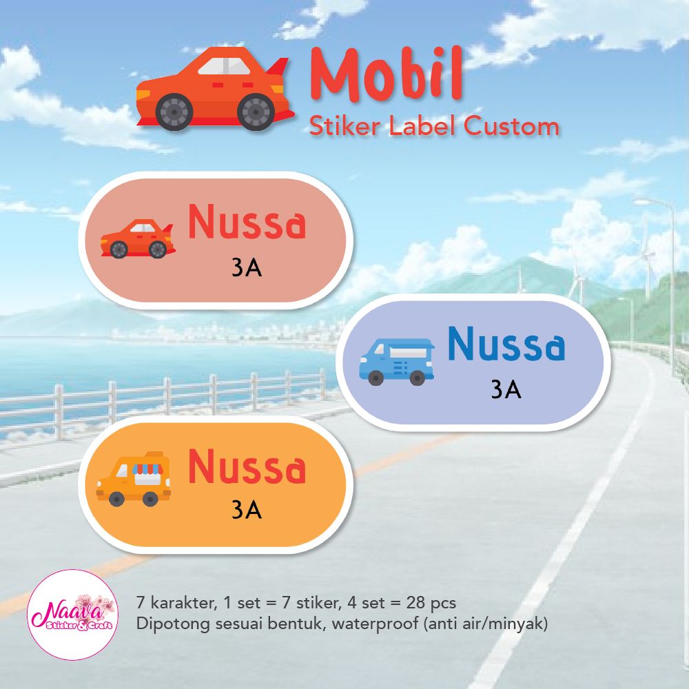

STIKER LABEL MAPEL 2 BARIS CUSTOM NAMA ANAK - MOBIL
