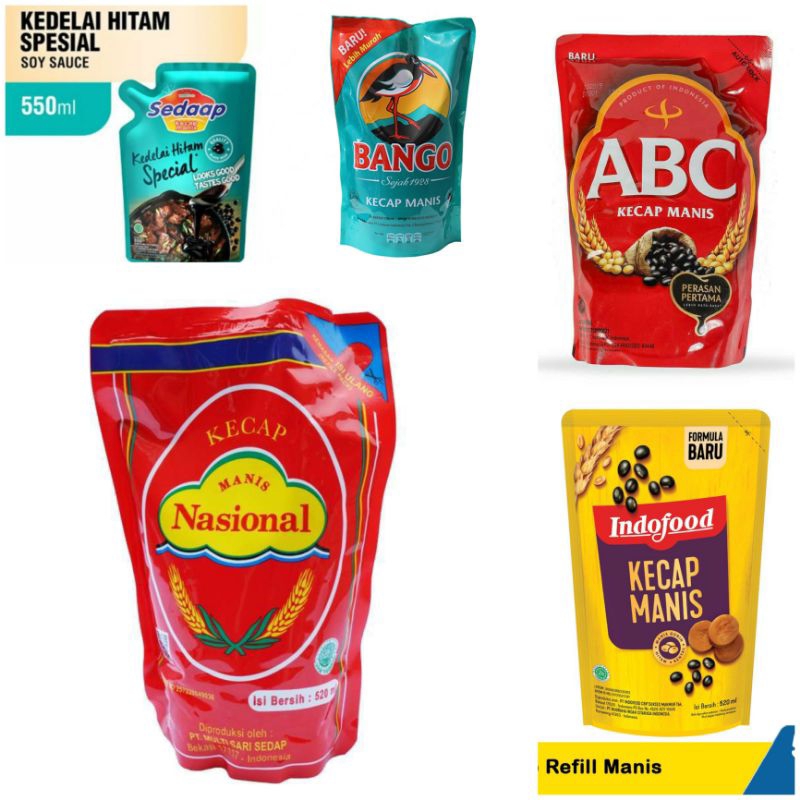 

KECAP MANIS BANGO / ABC / INDOFOOD / SEDAAP POUCH REFILL 520ml