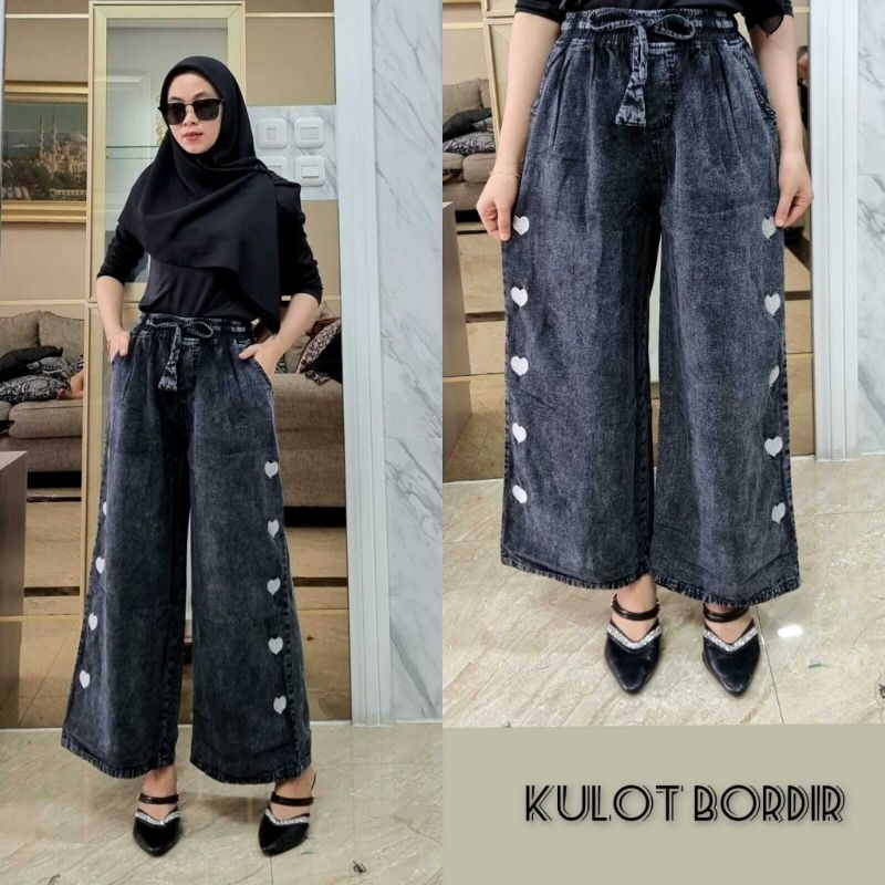 Kulot Rawis jeans Black Love / Kulot jeans wanit full karet pinggang Clana kulot rawis motif Love Ta