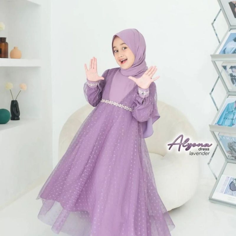 Gamis Anak Perempuan Terbaru 2023 Usia 6 - 8 Tahun Aliona Dress Crinkle Airflow Mix Tille Dot Simpel