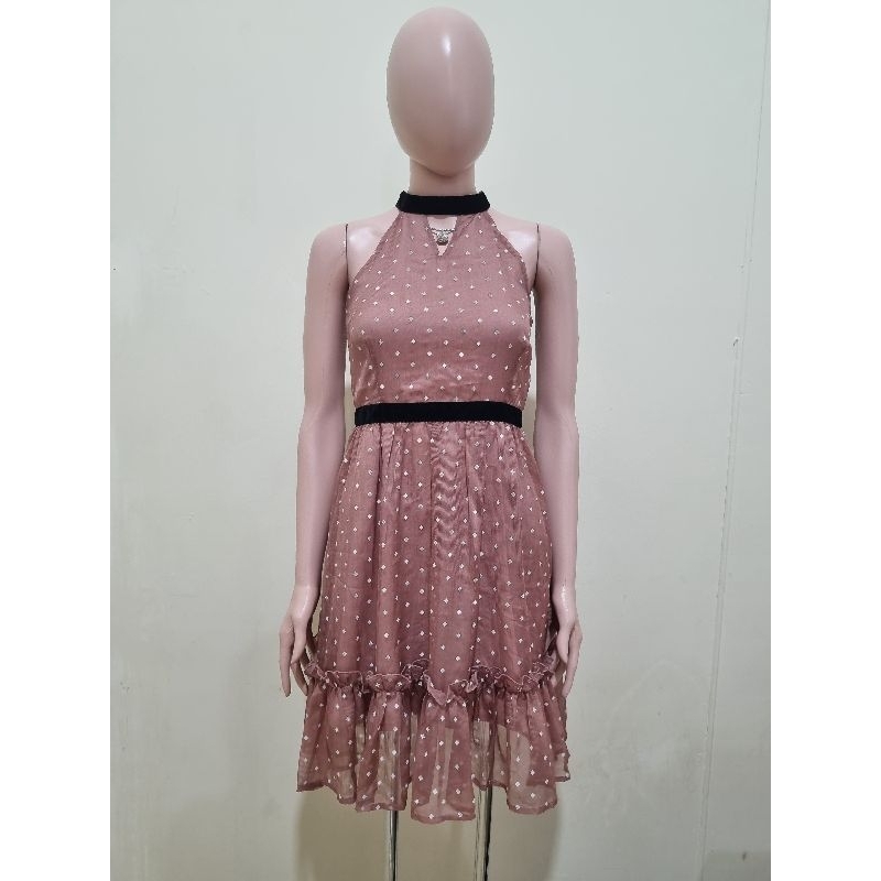 Dress polkadot organza mix velvet halter neck