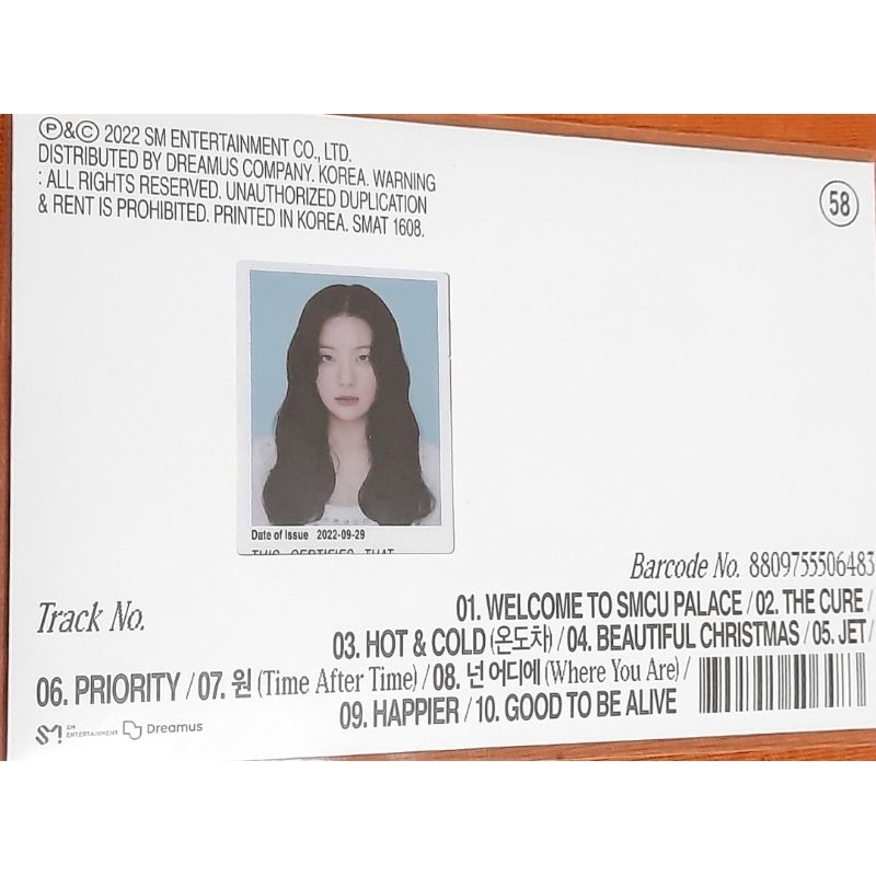 2022 SMTOWN WINTER ALBUM SMCU PALACE MEMBERSHIP CARD RED VELVET SEULGI VER