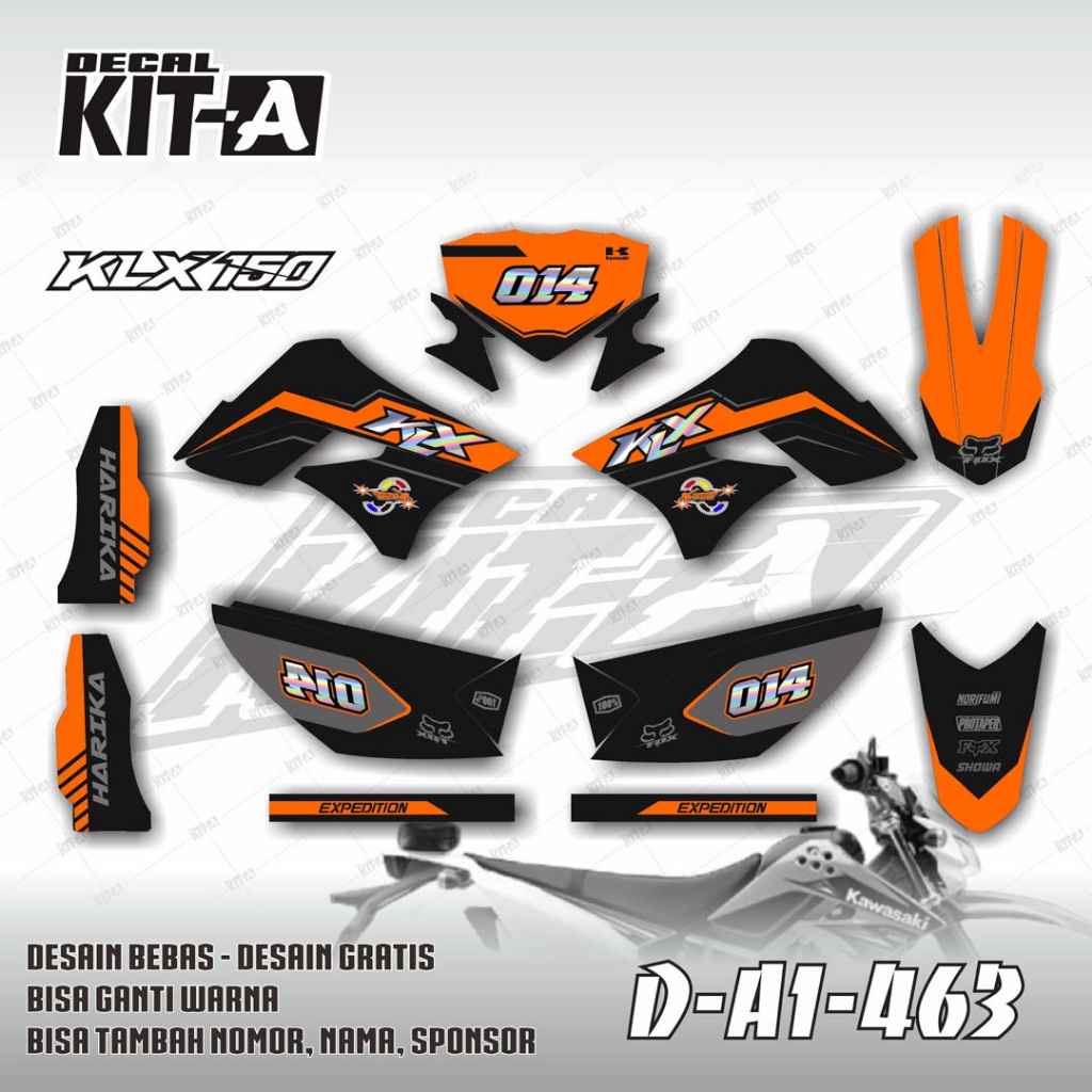 Decal Sticker Striping Full Body Dekal Stiker Klx 150 S motif Simple Racing Orange Black Cutting Hol