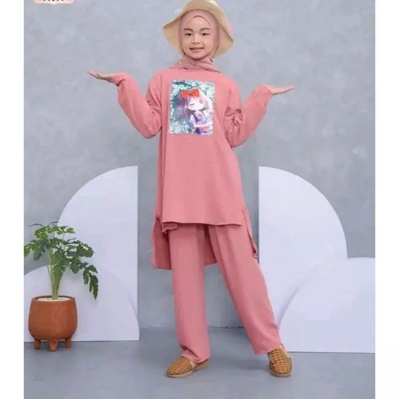 setelan baju anak crinkle motif lucu / setelan crinkle murah