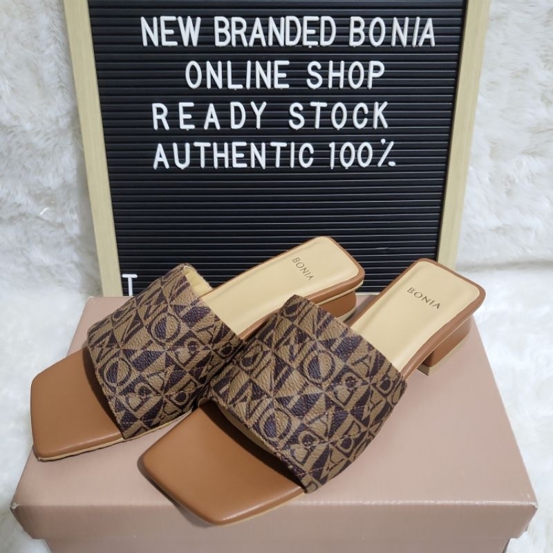 sandal wanita bonia original flat shoes monogram coklat