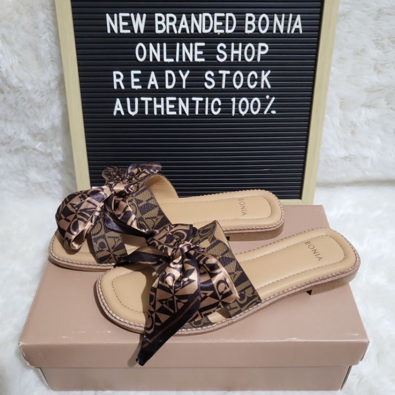 sandal teplek bonia original flat shoes monogram pita coklat