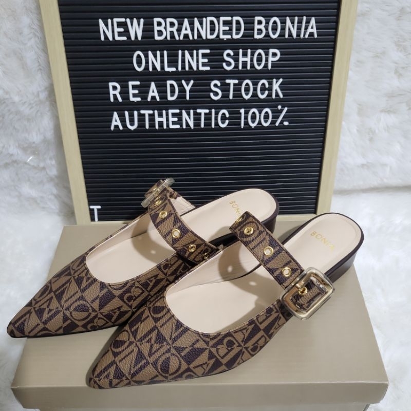 sandal mules bonia original flat shoes monogram tutup depan