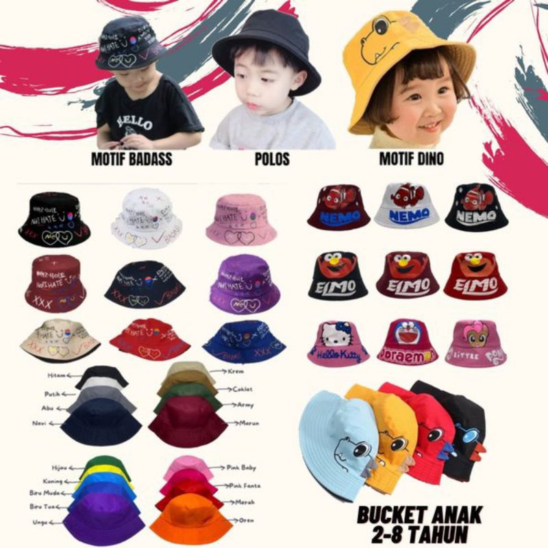 TOPI BUCKET ANAK POLOS | TOPI BUCKET TALI KARAKTER | TOPI BUCKET DINO