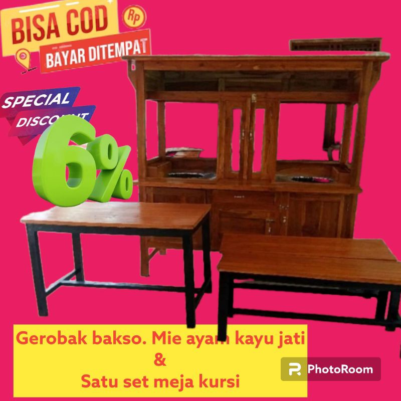 gerobak bakso dan mie ayam kayu jati dan satu set meja kursi free ongkir