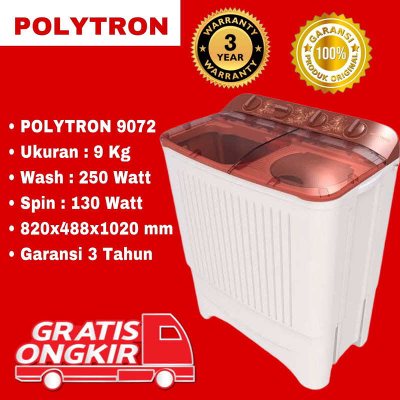 Mesin Cuci Polytron Primadona 2 Tabung 9 Kg / Polytron Mesin Cuci 2 Tabung PWM-9072 (Free Ongkir Serang Banten)