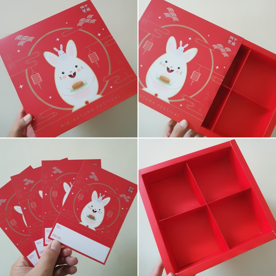 5 pcs box mooncake 125 - 150 gram dus kotak packaging hadiah hampers egg tart motif red rabbit sekat