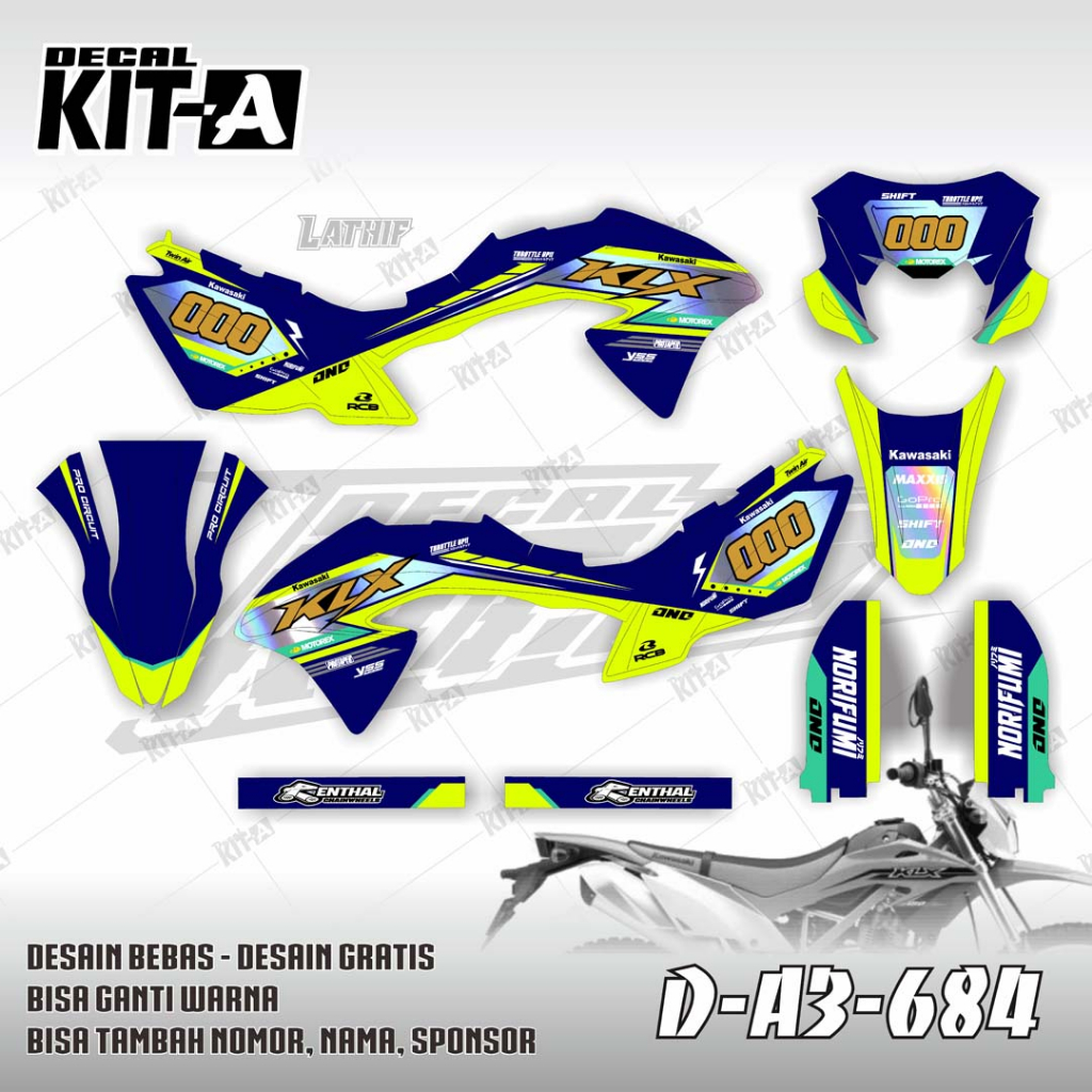 Stiker KLX BF 150 decal sticker striping fullbody motor Motif Racing Biru Hijau Stabilo Cutting Holo