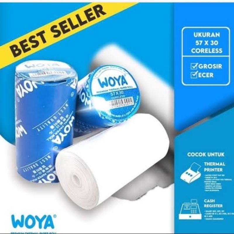 

1 slop / 10 pcs Kertas Printer Bluetooth Paper Roll Struk WOYA Ukuran 57/58x30mm Coreless/Tanpa Core Thermal POS struk kasir paper roll Thermal EDC BRI thermal printer mini bluetooth 58mm