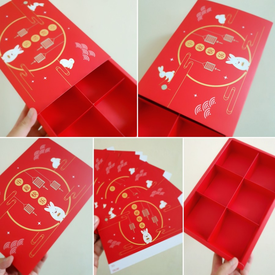 

5 pcs box kotak hadiah hampers motif red rabbit dus packaging mooncake 100 gram sekat 6 free tag